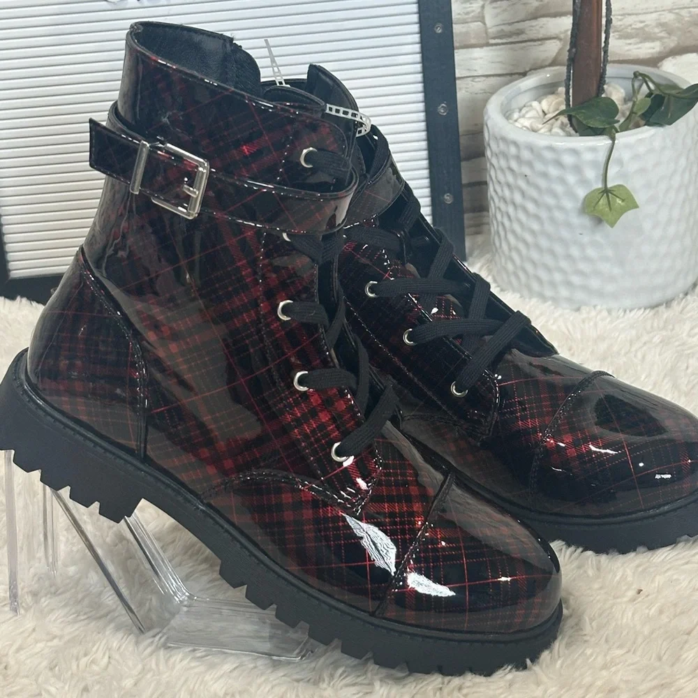 Jessica Simpson Daria Moto Boot with Buckle in Black Plaid